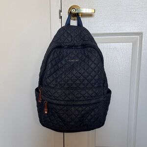 MZ Wallace Quilted Navy Backpack with Brown Leather Pulls